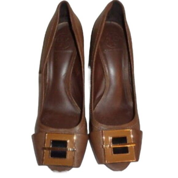 Tory Burch Peep Toe Quentin Landed Capra Fig Brown Leather Heels Size 8.5 - Picture 2 of 12